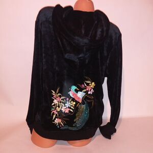 BCBG Max Azria Hoodie Plus Size 2X Full Zip Velour Embroidered Black Long Sleev